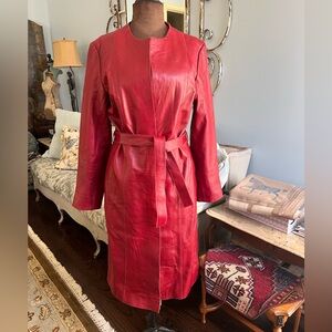 INC International Concepts Red Leather Belted Trench Coat